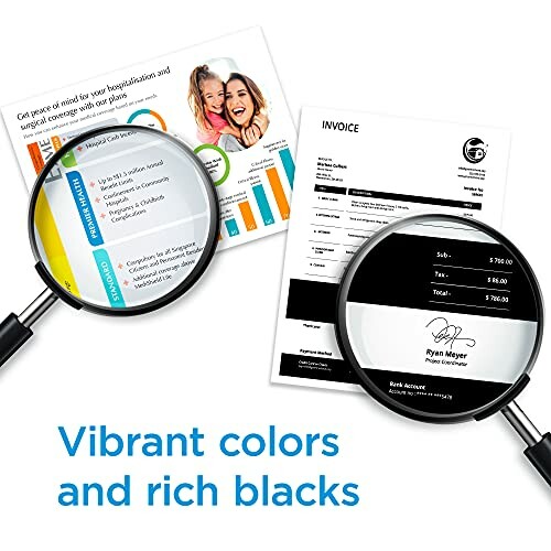 Magnifying glasses highlighting vibrant colors and rich blacks on printed documents.