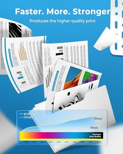 Colorful printed documents with quality graph on blue background.