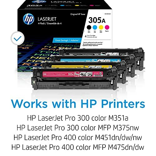 HP LaserJet Pro 305A toner pack with compatible printer models listed.