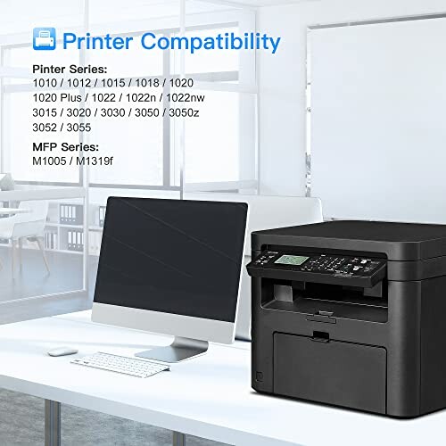 Office setup with a computer and a multifunction printer showing compatibility list.